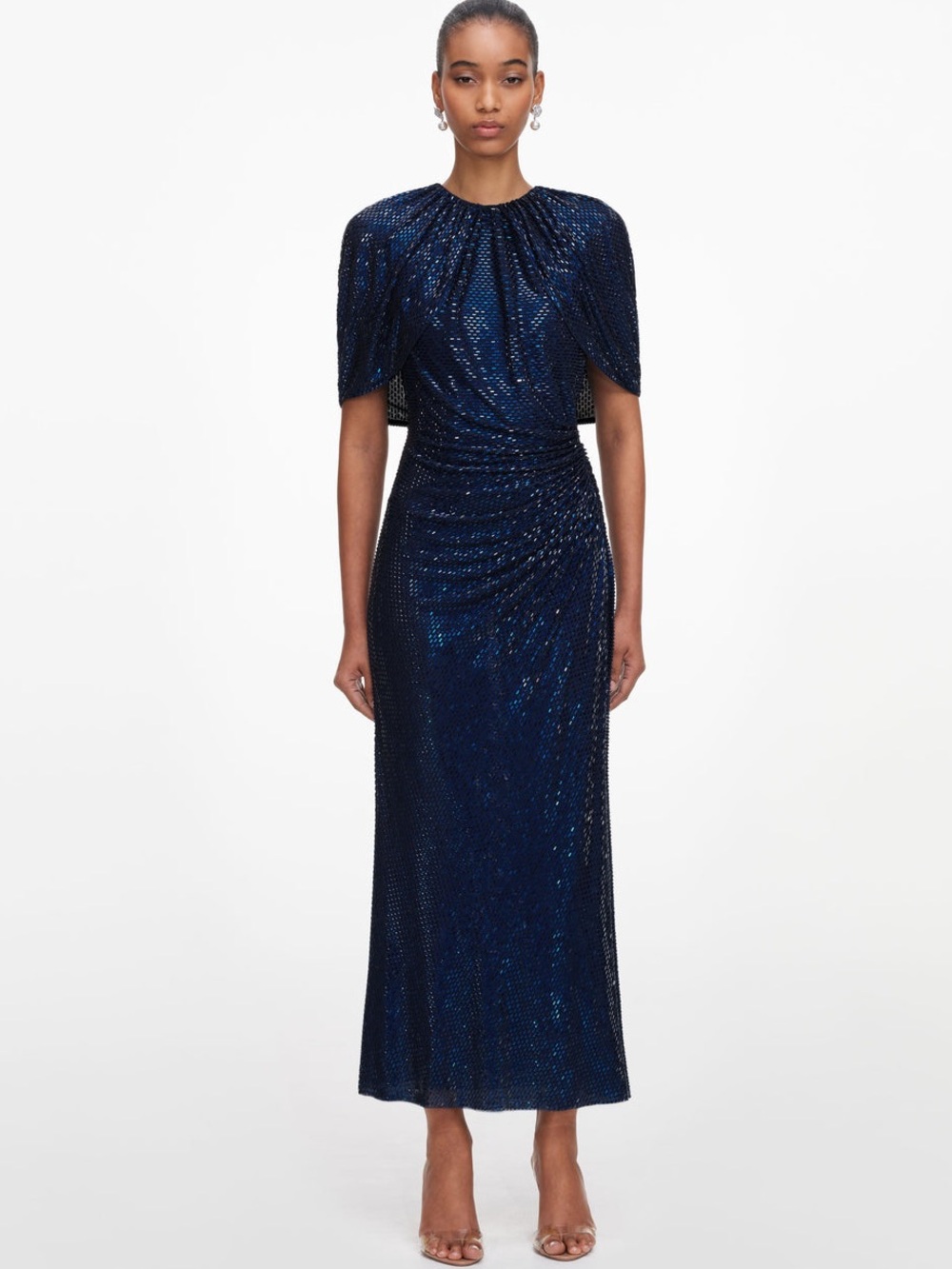 NWOT Self-Portrait NAVY RHINESTONE CAPE SLEEVE MIDI DRESS